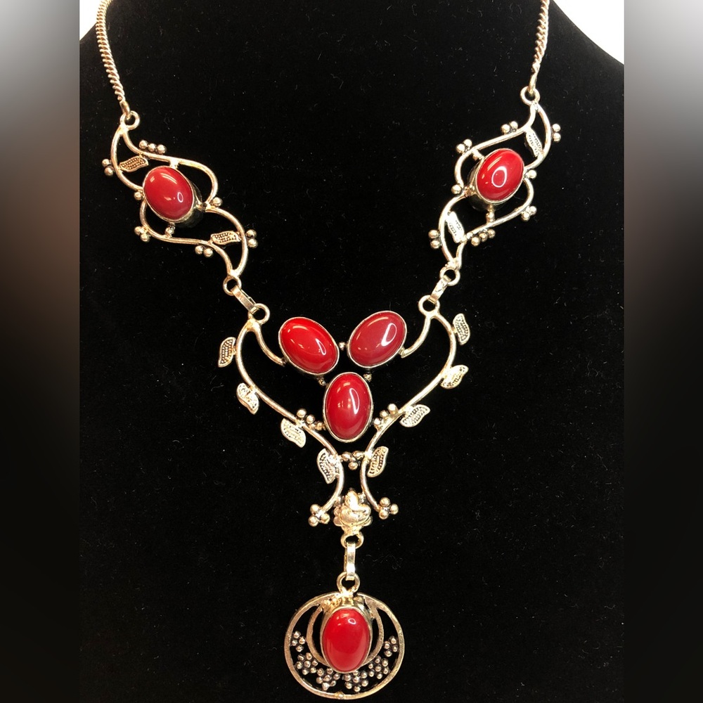 Red coral bib necklace in sterling silver